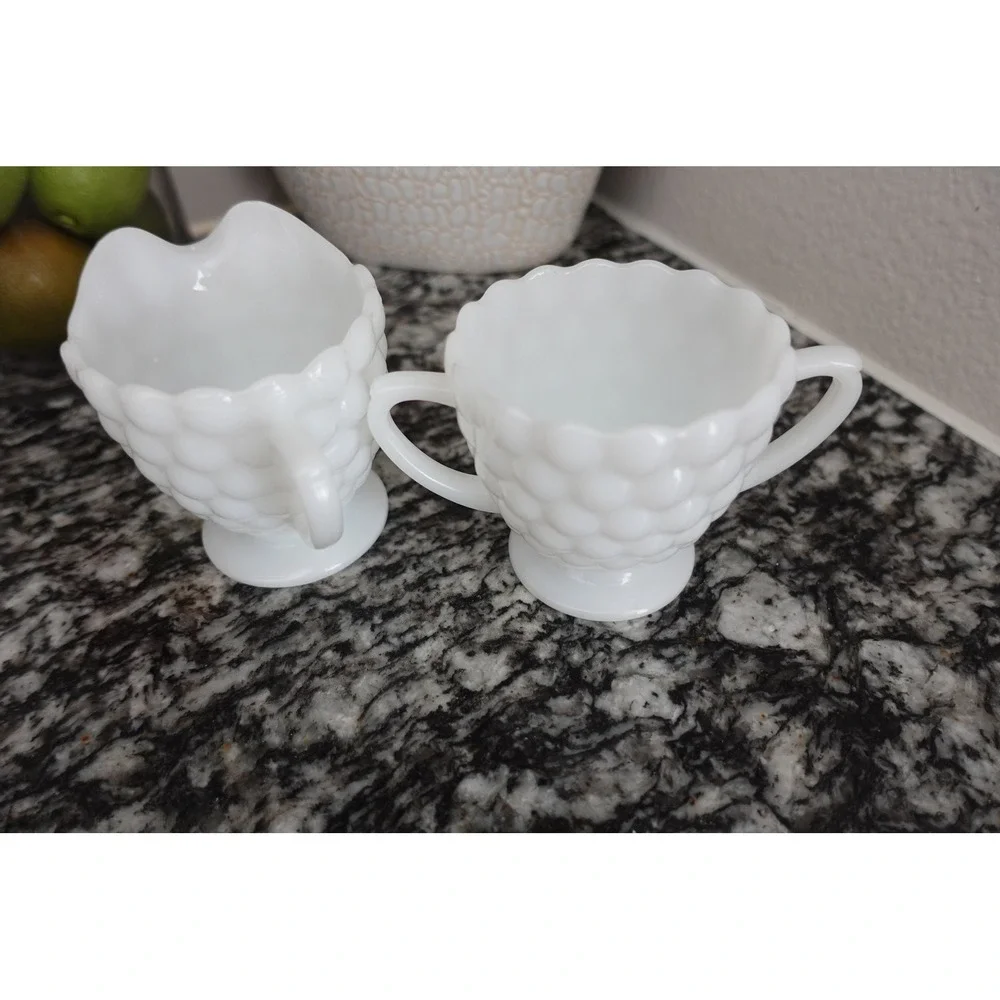 Vintage bubble white‎ milk glass creamer and sugar set